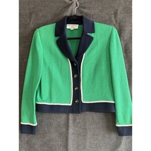 ST. JOHN Collection Size 4 Kelly Green W/ Navy Accents Short Knit Blazer Jacket